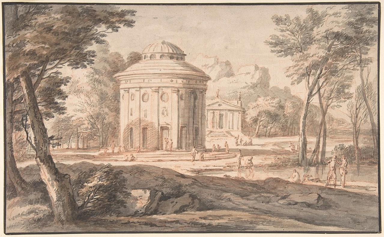 Paesaggio con due templi e figure classiche